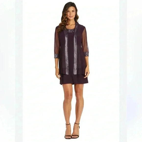 R&M Richard’s Two Piece Dress Metallic Pattern Neckline Jacket Sheer Sleeves 14 - Picture 1 of 13
